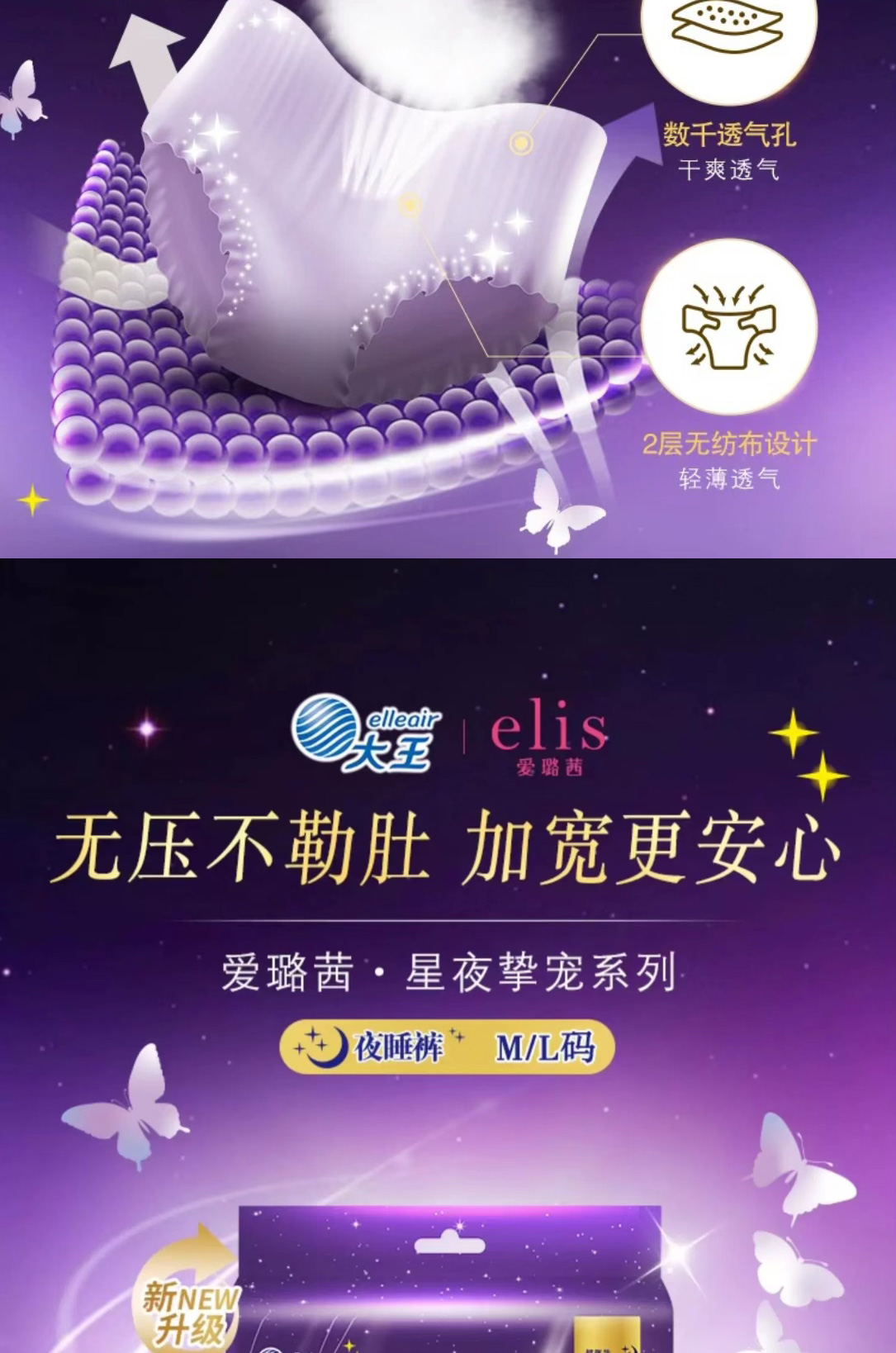 GOO.N大王elis爱璐茜星夜挚宠夜睡裤卫生巾夜睡裤姨妈巾M/L码2片*8包 (16片)